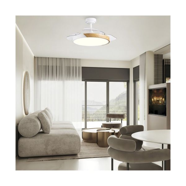 Ventilador de Techo LED aspas retráctiles TAORO Blanco y madera 72W 7920Lm CCT