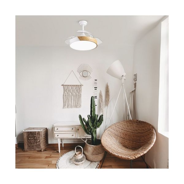 TAORO Ventilateur de Plafond LED à Pales Rétractables Blanc et Bois 72W 7920Lm CCT