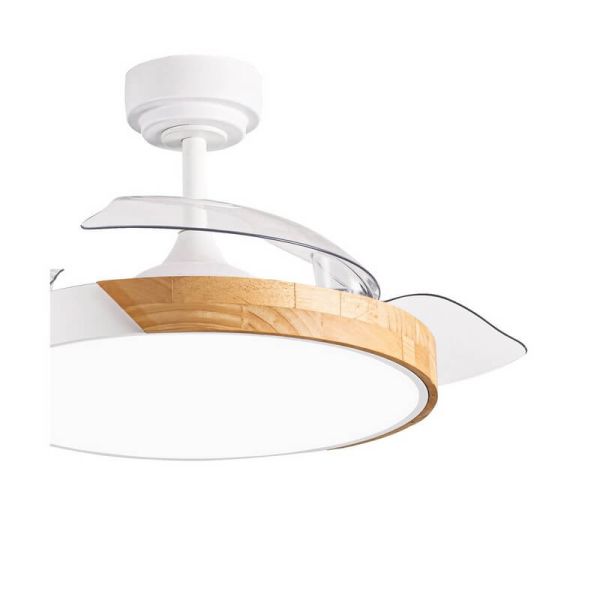 Ventilateur de Plafond LED à pales rétractables TAORO Mini Blanc et bois 46W 5520 Lm CCT