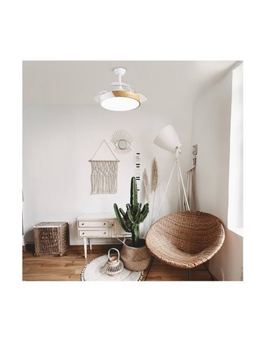 Ventilador de Techo LED aspas retráctiles TAORO Mini Blanco y madera 46W 5520 Lm CCT
