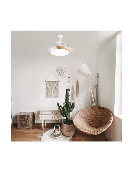 Ventilateur de Plafond LED à pales rétractables TAORO Mini Blanc et bois 46W 5520 Lm CCT