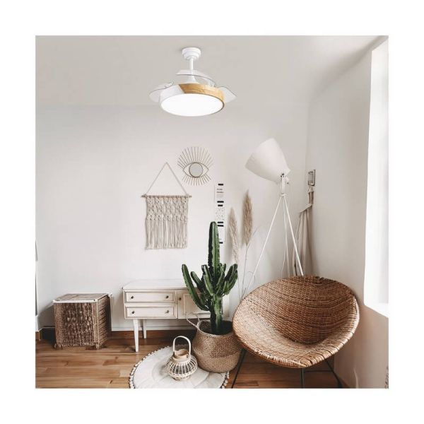 Ventilador de Techo LED aspas retráctiles TAORO Mini Blanco y madera 46W 5520 Lm CCT