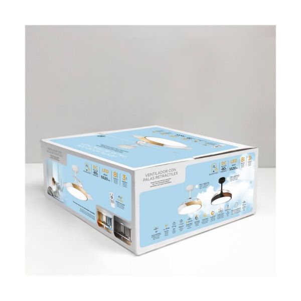 Ventilador de Techo LED aspas retráctiles TAORO Mini Blanco y madera 46W 5520 Lm CCT