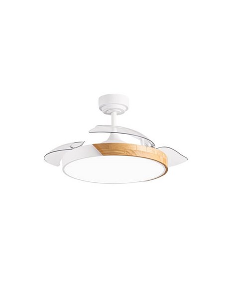 Ventilador de Techo LED aspas retráctiles TAORO Mini Blanco y madera 46W 5520 Lm CCT