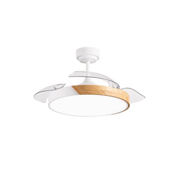 Ventilador de Techo LED aspas retráctiles TAORO Mini Blanco y madera 46W 5520 Lm CCT