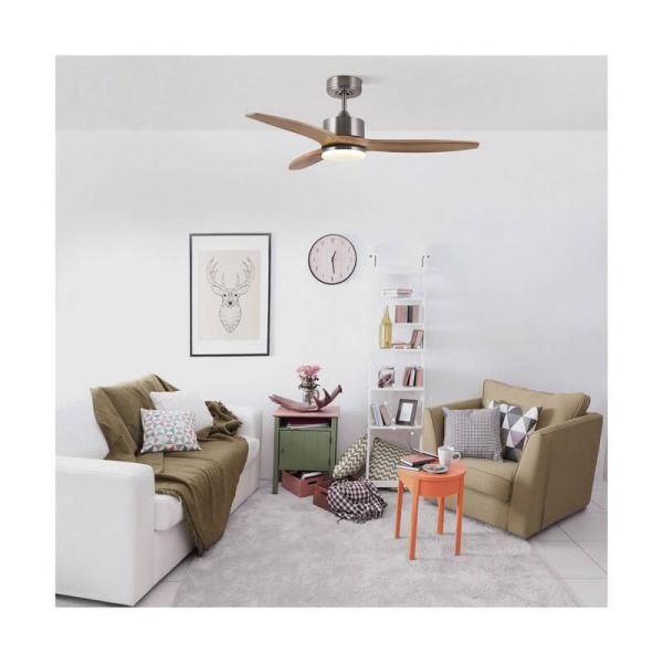 Ventilador de techo LED TERRE Níquel con aspas de madera natural 18W CCT