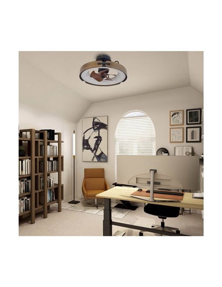 Ventilador Plafón LED cirular TIVOLI 50W 5200Lm con aspas integradas efecto madera, marrón CCT Dim