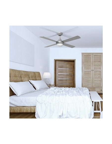 Ventilador moderno LED con motor DC TEMPO plata 23W CCT para estancias grandes con aspas reversibles 