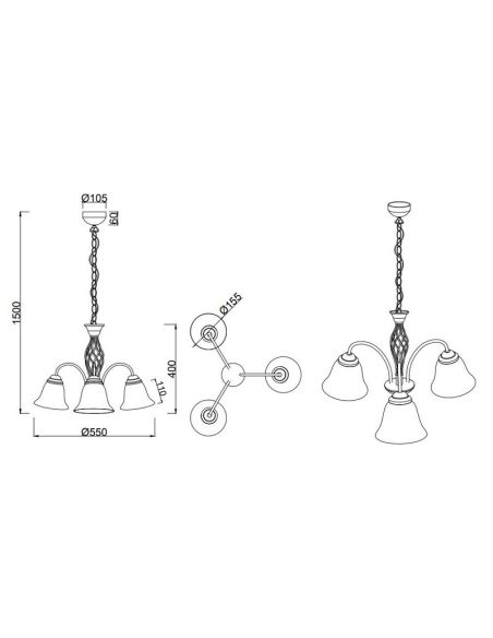 Plafonnier 3 abat-jour en verre de style classique RUSTICA | LéonLeds