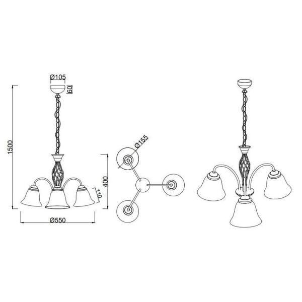 Candeeiro de teto 3 abajures de vidro estilo tradicional RUSTICA | LeonLeds
