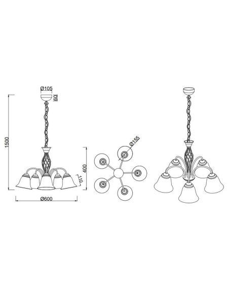 Plafonnier 5 abat-jour en verre RUSTICA Style Classique | LéonLeds