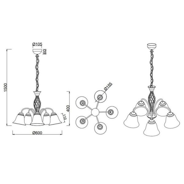 Candeeiro de teto 5 abajures de vidro RUSTICA estilo clássico | LeonLeds