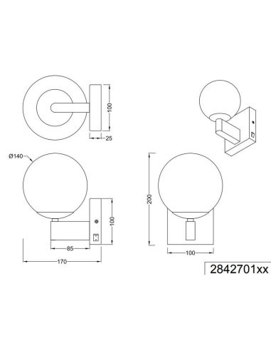 Aplique para Baño Bola Cristal KULA con Interruptor Bombilla excl. 1xE14 max. 10W IP44 Cromo | LeonLeds