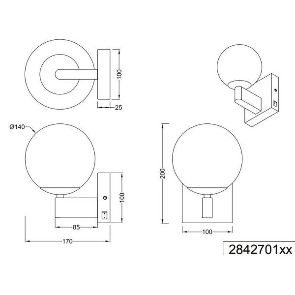 Aplique para Baño Bola Cristal KULA con Interruptor Bombilla excl. 1xE14 max. 10W IP44 Cromo | LeonLeds