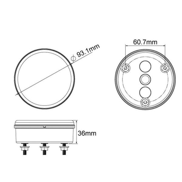 Dimensiones Piloto Trasero LED 3 Funciones Redondo 12V / 24V Tulipa Transparente 9Cm de diámetro