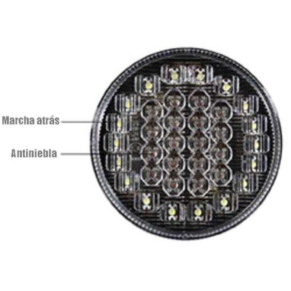 Piloto Trasero LED con Niebla y Marcha Atrás Redondo 12V / 24V Tulipa Transparente 9Cm de diámetro