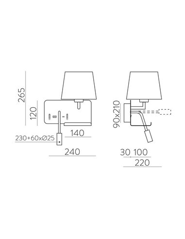 HOLD Aplique de parede esquerdo para quarto com dois interruptores e base para celular, LED ajustável, com USB, COM USBC, branco