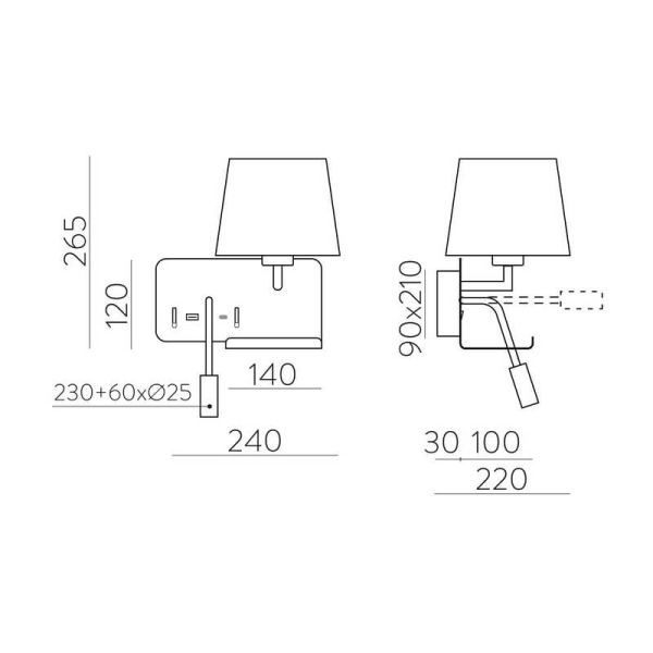 HOLD Applique murale gauche pour chambre à coucher avec deux interrupteurs et base pour téléphone portable, LED réglable, avec U