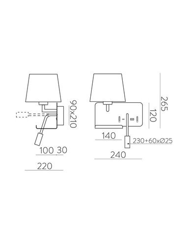 HOLD Aplique de parede esquerdo para quarto com dois interruptores e base para celular, LED ajustável, com USB, COM USBC, preto 