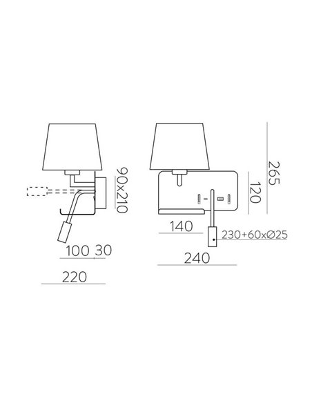 HOLD Aplique de parede esquerdo para quarto com dois interruptores e base para celular, LED ajustável, com USB, COM USBC, preto 