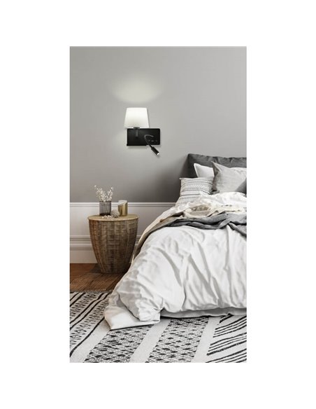 HOLD Aplique de parede esquerdo para quarto com dois interruptores e base para celular, LED ajustável, com USB, COM USBC, preto 