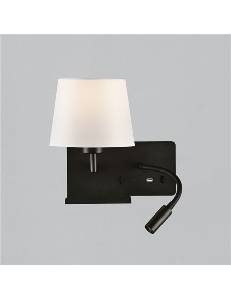 Aplique Dormitorio Izquierda HOLD con Dos interruptores y base para el móvil, LED Orientable, Con USB, CON USBC, Negro texturado