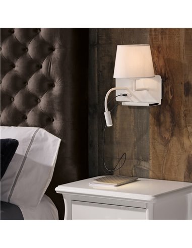HOLD Applique murale droite pour chambre à coucher avec deux interrupteurs et base mobile, LED réglable, avec USB, AVEC USBC, bl