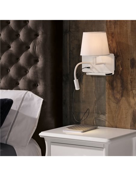 HOLD Applique murale droite pour chambre à coucher avec deux interrupteurs et base mobile, LED réglable, avec USB, AVEC USBC, bl