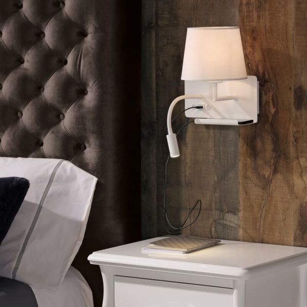 Aplique Dormitorio Derecha HOLD con Dos interruptores y base para el móvil, LED Orientable, Con USB, CON USBC, Blanco texturado,