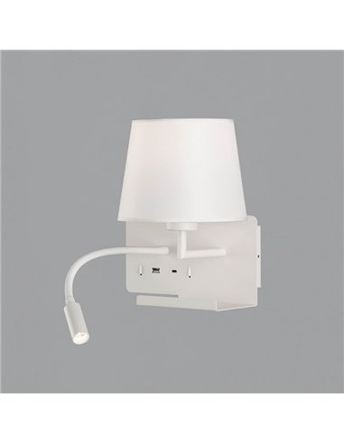 HOLD Applique murale droite pour chambre à coucher avec deux interrupteurs et base mobile, LED réglable, avec USB, AVEC USBC, bl