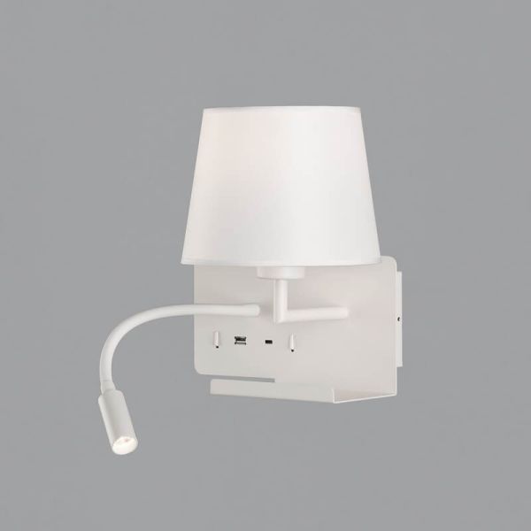 Aplique Dormitorio Derecha HOLD con Dos interruptores y base para el móvil, LED Orientable, Con USB, CON USBC, Blanco texturado,