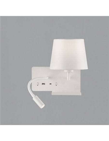 HOLD Applique murale droite pour chambre à coucher avec deux interrupteurs et base mobile, LED réglable, avec USB, AVEC USBC, bl
