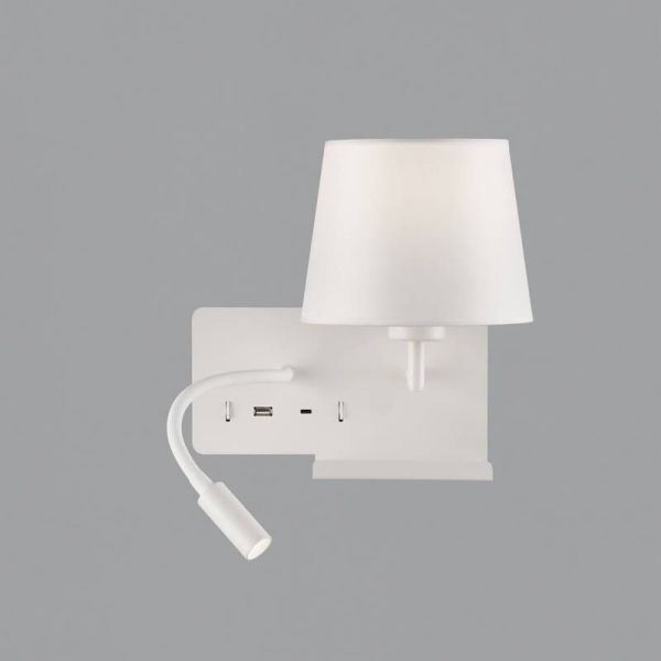 Aplique Dormitorio Derecha HOLD con Dos interruptores y base para el móvil, LED Orientable, Con USB, CON USBC, Blanco texturado,