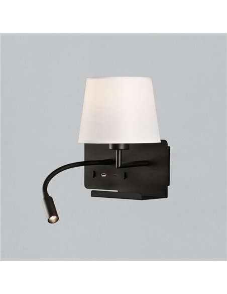 Aplique Dormitorio Derecha HOLD con Dos interruptores y base para el móvil, LED Orientable, Con USB, CON USBC, Negro texturado, 