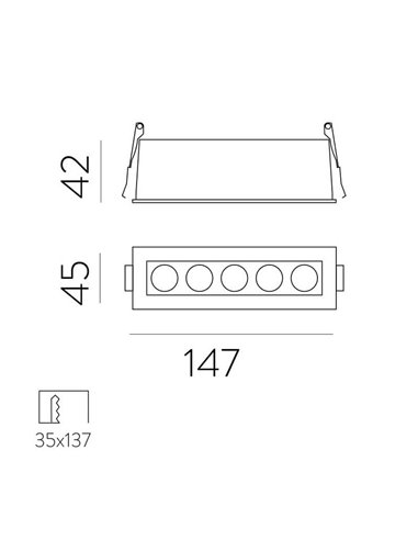 Downlight empotrable rectangular de 5 Focos INVISIBLE Blanco/Negro, 12W 3000K 850lm