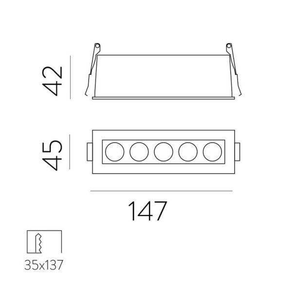 Downlight empotrable rectangular de 5 Focos INVISIBLE Blanco/Negro, 12W 3000K 850lm