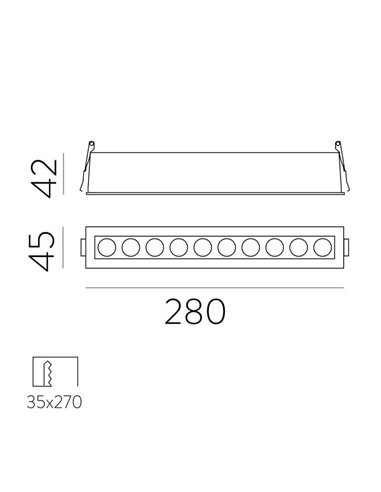 Downlight empotrable rectangular de 10 Focos INVISIBLE Blanco/Negro, 24W 3000K 1790lm