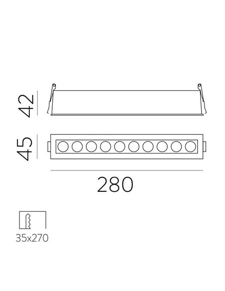 Downlight empotrable rectangular de 10 Focos INVISIBLE Blanco/Negro, 24W 3000K 1790lm