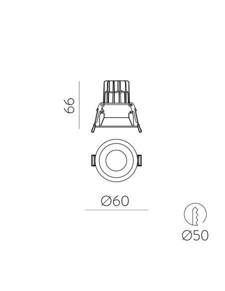 Downlight empotrable LED COB blanco KIDAL, Ø6cm 5W IP44 2700K/3000K/4000K 495lm/540lm/580lm 