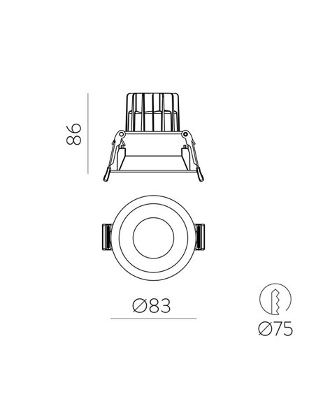 Downlight encastré LED COB noir Ø8cm KIDAL, 7W IP44 2700K/3000K/4000K respectivement 610lm/670lm/730lm