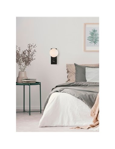 Applique d'intérieur LED avec spot lecteur orientable KIN Noir/Nickel avec abat-jour rond Opale, LED 8W 2700K 370lm + 3W 2700K 2