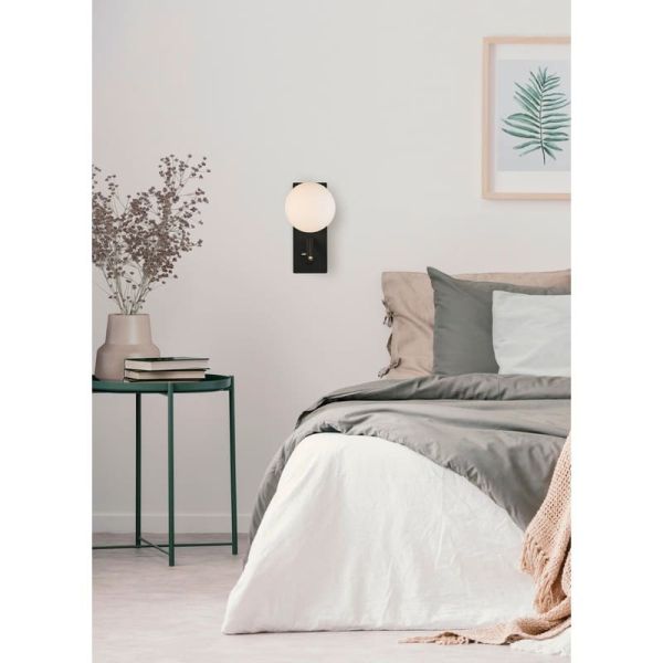 Applique d'intérieur LED avec spot lecteur orientable KIN Noir/Nickel avec abat-jour rond Opale, LED 8W 2700K 370lm + 3W 2700K 2