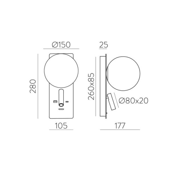 Applique d'intérieur LED avec spot lecteur orientable KIN Noir/Nickel avec abat-jour rond Opale, LED 8W 2700K 370lm + 3W 2700K 2