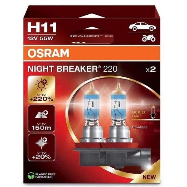 Pacote de 2 lâmpadas H11 Night Breaker 220 + 220% 64211NB220-HCB Caixa de papelão Osram