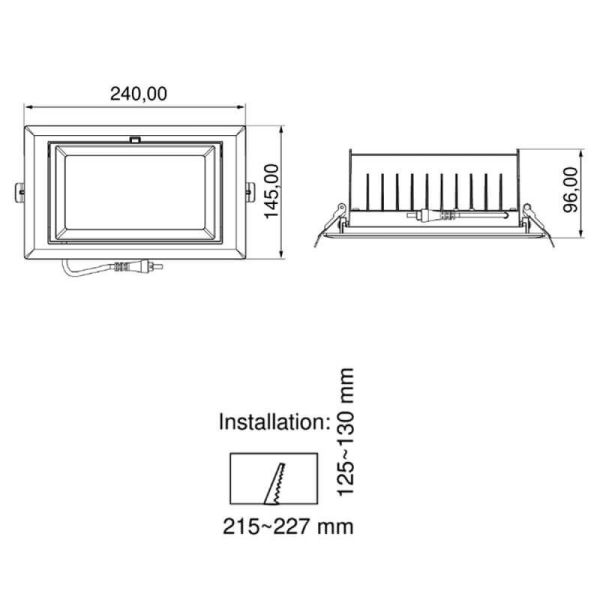 Medições Refletor embutido LED retangular endereçável de 60W muito potente 3 em 1 3000K-4000K-5500K Switch Branco Pro Oregon+