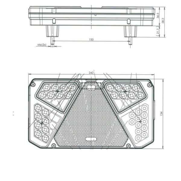Dimensiones Piloto Trasero LED con triangulo 3 Funciones + Luz de Matricula Lateral Was | LeonLeds