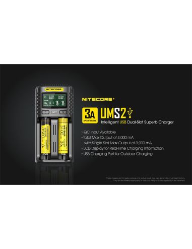 Chargeur de batterie Nitecore UMS2 à 2 emplacements avec écran LCD Nitecore