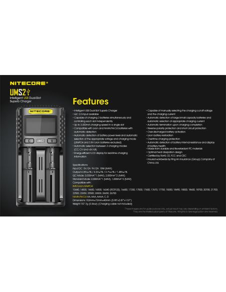 Chargeur de batterie Nitecore UMS2 à 2 emplacements avec écran LCD Nitecore