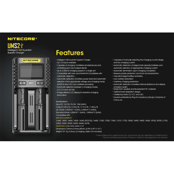 Cargador de Batería Nitecore UMS2 de 2 ranuras con pantalla LCD Nitecore