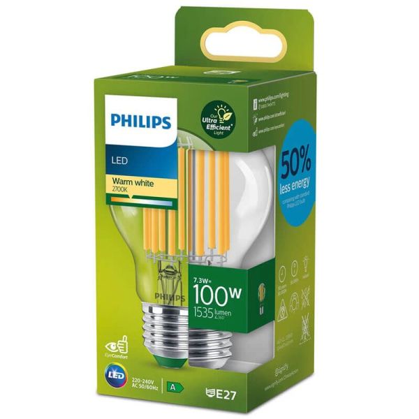Bombilla LED 100W - 7,3W ultra eficiente A60 de Filamento E27 Etiqueta Energética Clase A | LeonLeds
